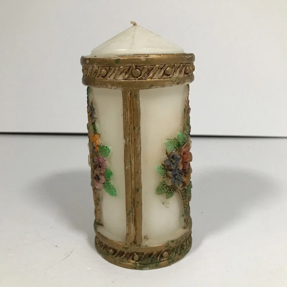 Vintage Floral Basket Relief Pillar Candle Gold Trim Decorative White Wax
